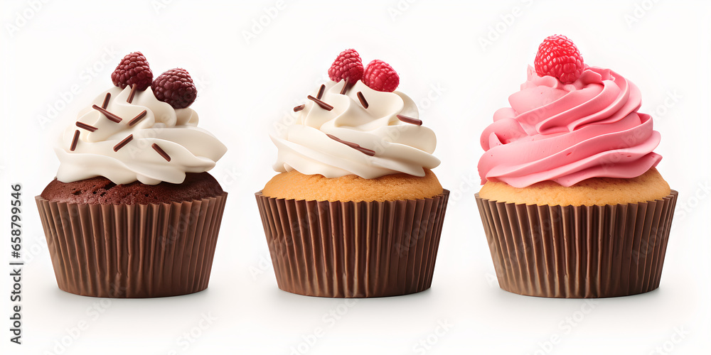 different cupcakes with cream on white background