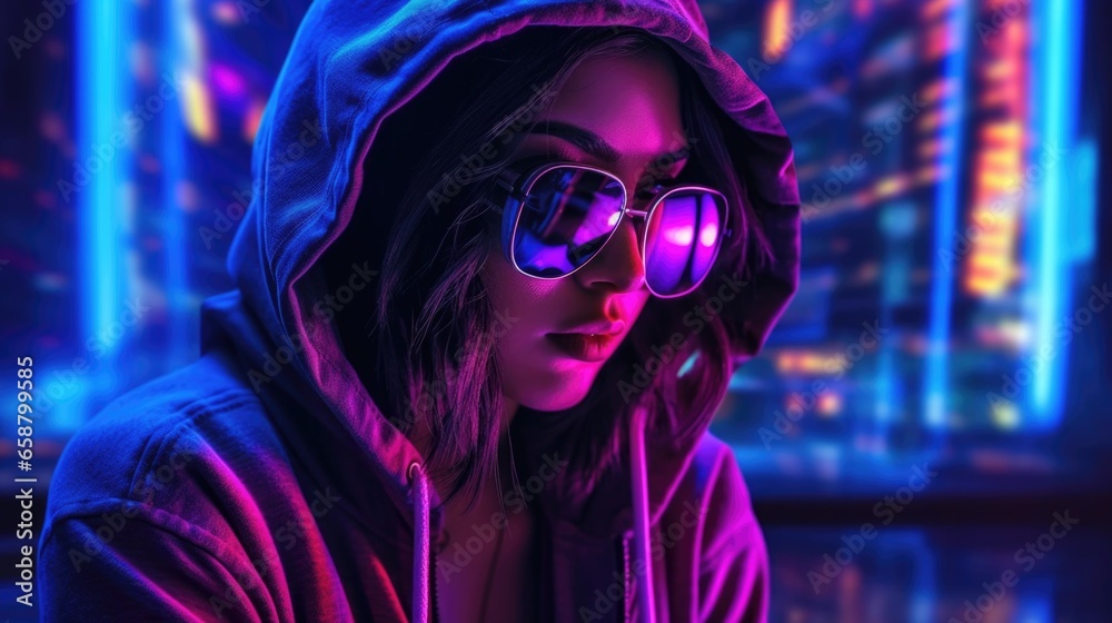 Depict a skilled cyberpunk human woman hacker in a futuristic setting, surrounded by holographic interfaces, intricate code Depict a skilled cyberpunk human woman hacker in a futuristic setting, surrounded by holographic interfaces, intricate code