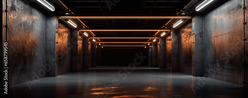 Futuristic studio stage dark room. Underground warehouse garage. Neon led laser glowing orange on concrete tiled floor  
