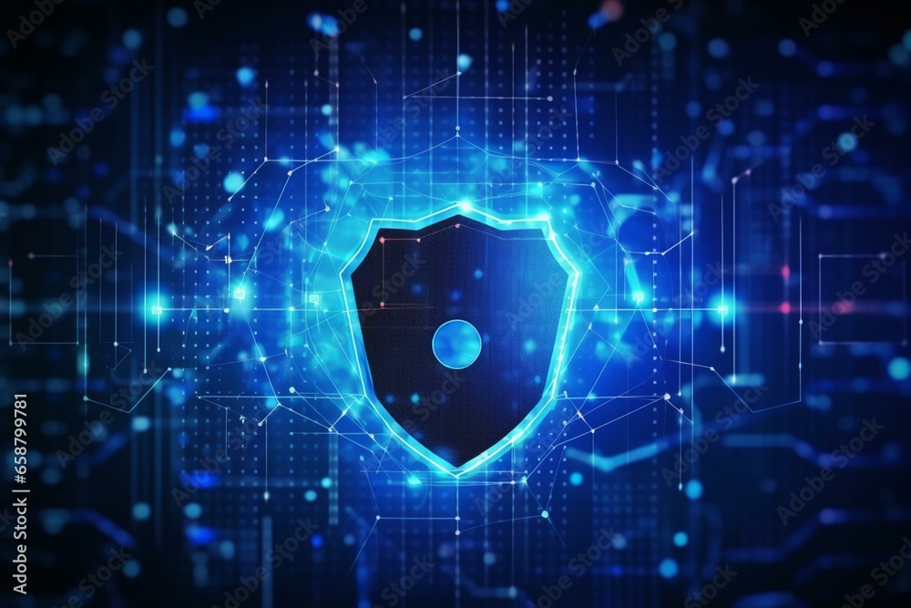 Abstract cybersecurity tech and data protection. Polygonal, dotted and lined design. Dark blue background, focus center, side blur. Generative AI