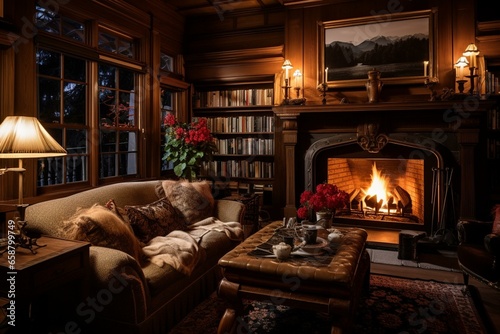 a cozy and welcoming lounge with a fire and comfortable furnishings. Generative AI