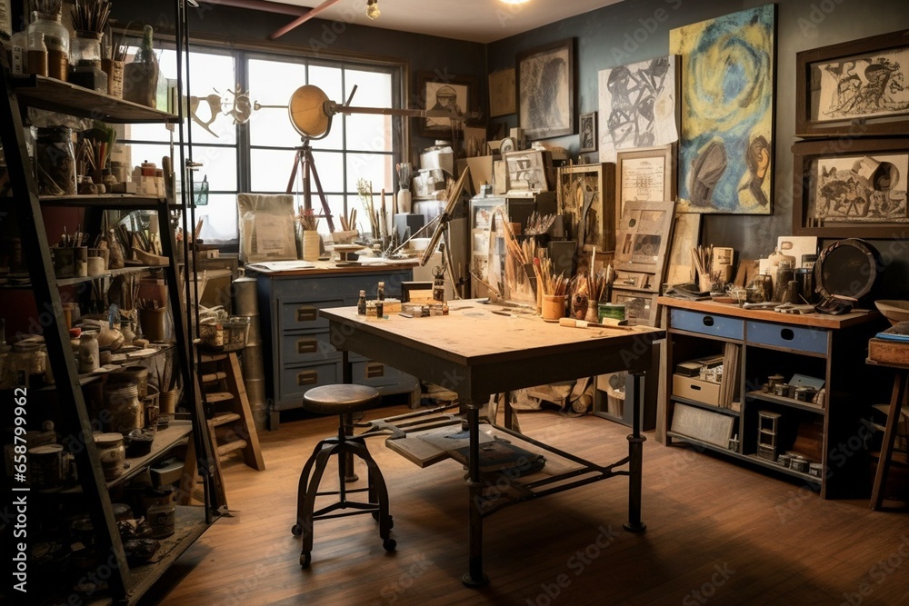One-of-a-kind creative studio with chic wooden furniture, art supplies, eclectic decor, and personal belongings. Contemporary workspace for artists. Generative AI
