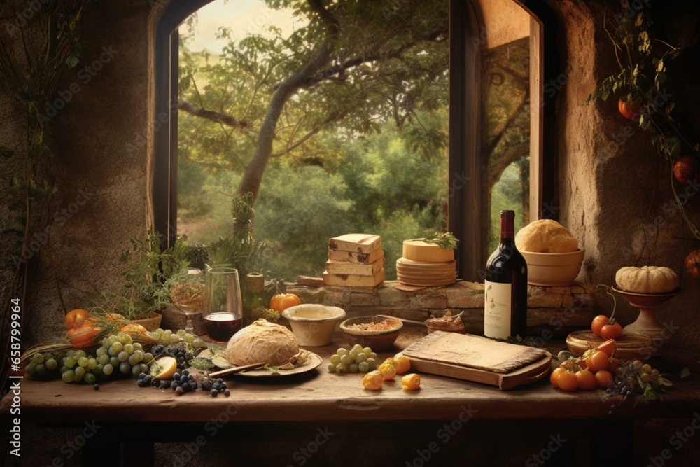 An Italian scene with a rustic table outdoors adorned with cheese, wine, and olive oil. Generative AI