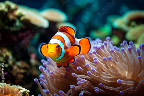 Clownfish swims amidst corals, anemones, bubbles in water and air. Generative AI