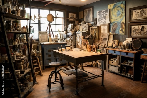 One-of-a-kind creative studio with chic wooden furniture, art supplies, eclectic decor, and personal belongings. Contemporary workspace for artists. Generative AI
