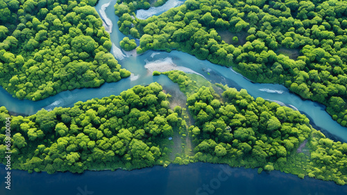 Aerial drone landscape view of a river delta with lush green vegetation and winding waterways