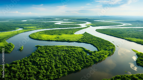 Aerial drone landscape view of a river delta with lush green vegetation and winding waterways photo