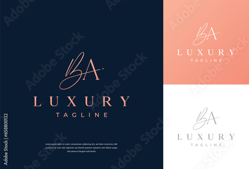 BA letter calligraphy minimal monogram, emblem style vector logo. Gold color and black background.
