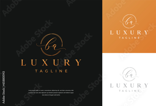 BA letter calligraphy minimal monogram emblem style vector logo. Gold color and black background.