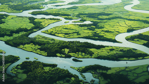 Aerial drone landscape view of a river delta with lush green vegetation and winding waterways © Artofinnovation