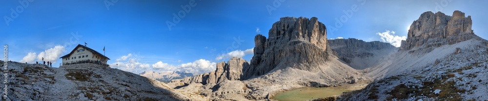 Beautiful landscape of Italian dolomites-with mountain meadows,lakes and rocky and sharp mountain tops,Dolomite Alps mountains, Trentino Alto Adige region, Sudtirol, Dolomites, Italy