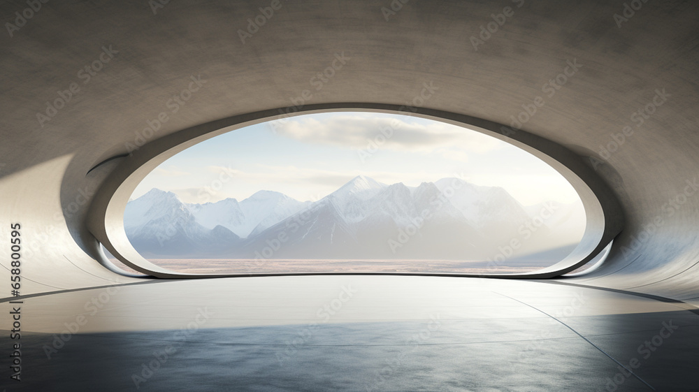 Fototapeta premium Empty concrete room with large curve structure on nature background, architecture for business product or car presentation 