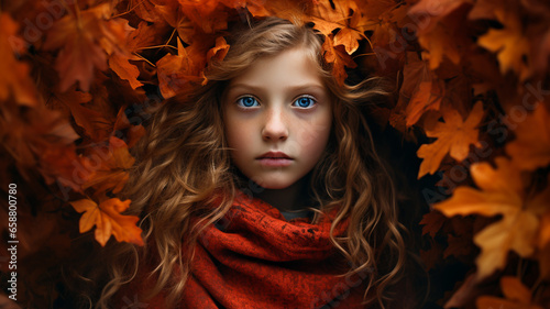 Fall theme art, beautiful female model with colorful autumn leaves