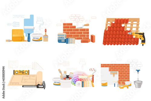Roof and wall repair collection with materials vector illustration isolated on white background