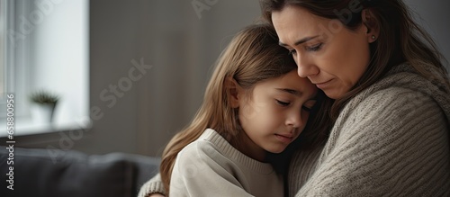 Caring mom comforting upset teen girl sharing emotions at home With copyspace for text