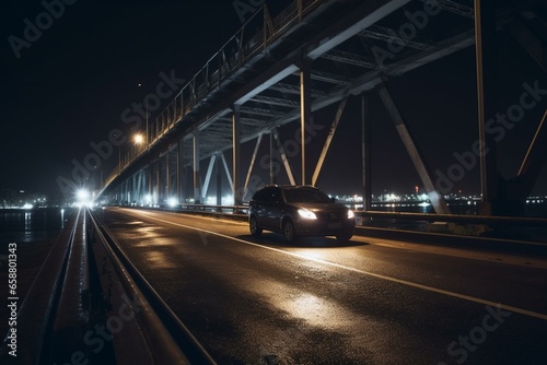 a vehicle on a road at night with streetlights and a bridge in the background. Generative AI