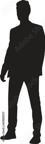 Man in jacket standing with hand in his pocket, side view, isolated vector silhouette
