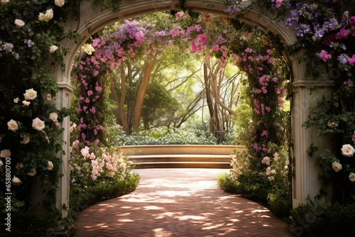 An enchanting, secret garden adorned with floral archways, abundant greenery, resembling a whimsical storybook setting. Generative AI © Christopher