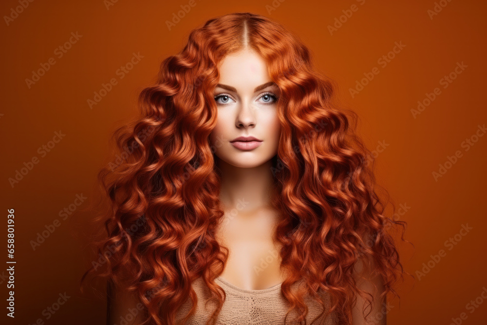Fototapeta premium Redhead girl with long and shiny wavy red hair. Beautiful model with curly hairstyle