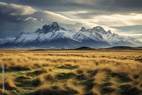 Grasslands and snow-capped peaks in Patagonian steppe. Generative AI photo