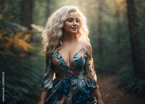 Portrait of beautiful woman green walking in the forest