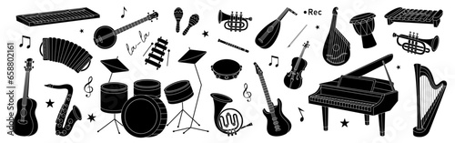 Musical instruments black set. Musical school banner. Tuba, trumpet, drum flute, french horn, lute, violin, electric bass guitar, acoustic guitar.