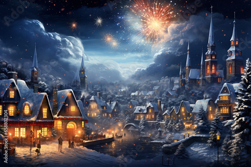 Festive Fireworks Illuminate Winter Wonderland in Christmas Village