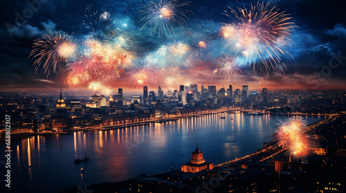Cityscape illuminated by spectacular fireworks display at night