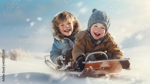 Two children having fun on a sled during a sunny winter day in the snow. Generated with ai.