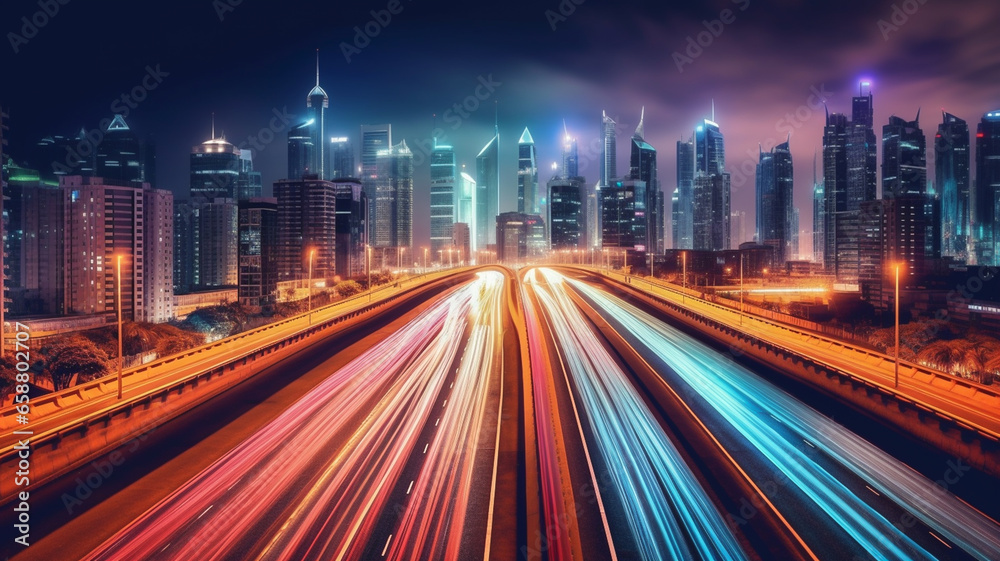 City road light, night megapolis highway lights of cityscape background. Panorama of megacity traffic with highway road motion lights trails, long exposure photography