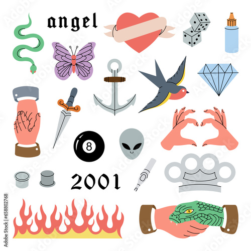 Set of tattoos. Old school tattoos. Swallow, rose, heart, knife, anchor, skull, hands, flowers, snake. Vector illustration.