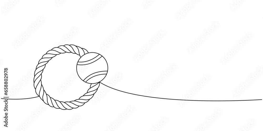 Dog chew toy with plastic ball one line continuous drawing. Animals accessories, pet toy supplies continuous one line illustration. - obrazy, fototapety, plakaty 