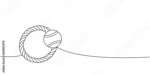 Dog chew toy with plastic ball one line continuous drawing. Animals accessories, pet toy supplies continuous one line illustration.
