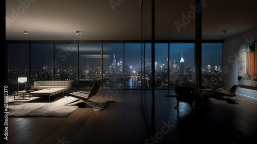 The interior of a modern apartment in a skyscraper with a view of the city at night from the window