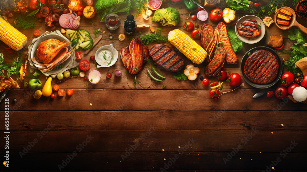 A delectable assortment of grilled meats, fresh vegetables, and spices set on a rustic wooden backdrop