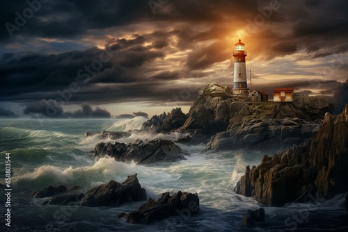 A lighted lighthouse on a rock in the ocean with a cloudy sky above. Generative AI