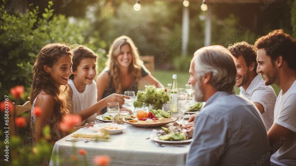 A warm and joyful gathering of friends and family, dining al fresco in a lush garden during a golden hour