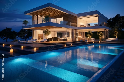Image of a modern house featuring a mesmerizing pool illuminated at night. Generative AI © Elara