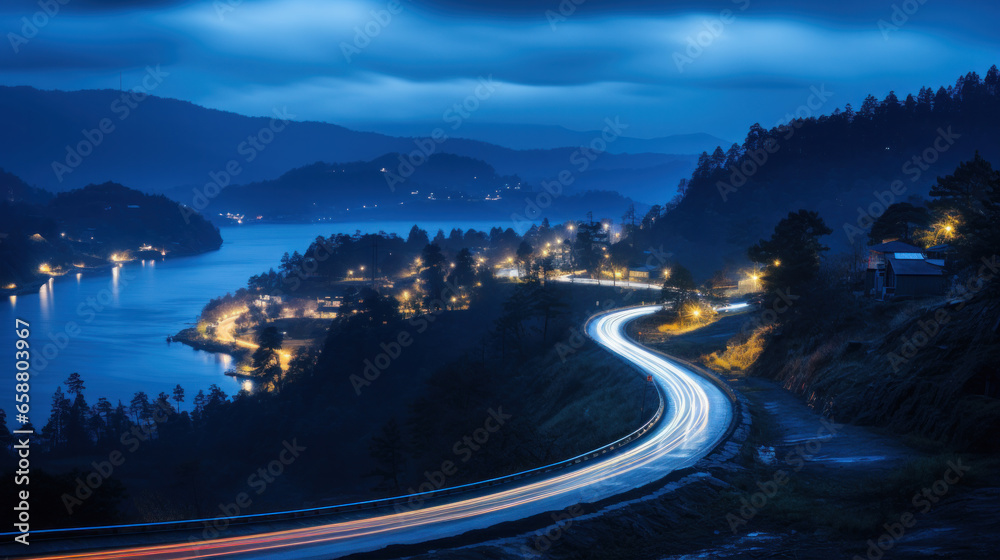 Fototapeta premium Night lights on mountain road