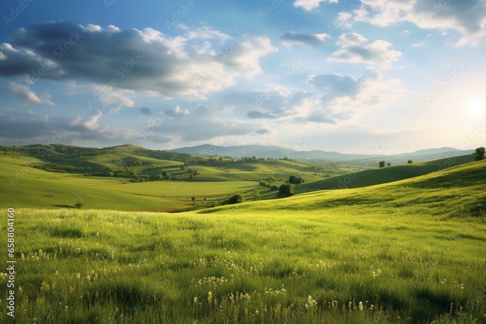 Beautiful countryside meadow surrounded by rolling hills. Generative AI