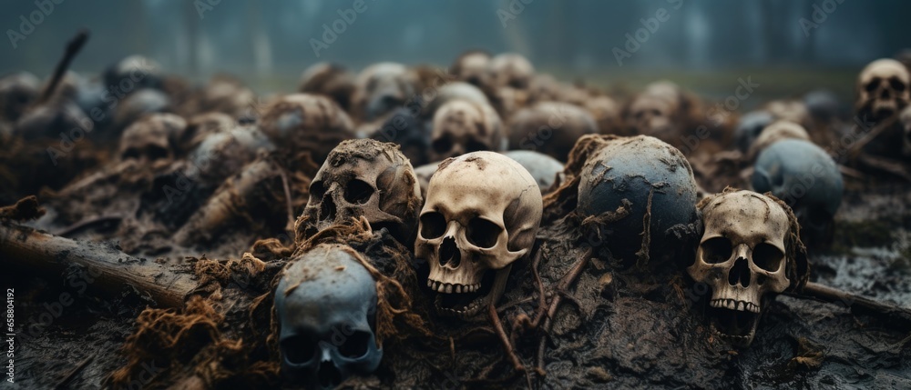 Skeletal remains of fallen warriors of war, human skulls and bones embedded in dirty wet swamp mud, death and decay, mass grave horror. - obrazy, fototapety, plakaty 