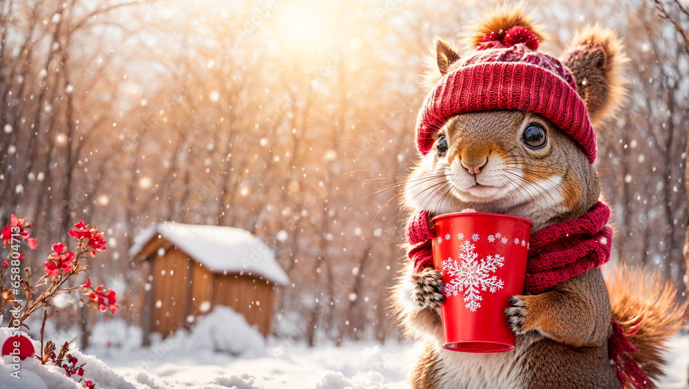 Cute cartoon squirrel, cup in a winter clearing Cute cartoon squirrel, cup in a winter clearing