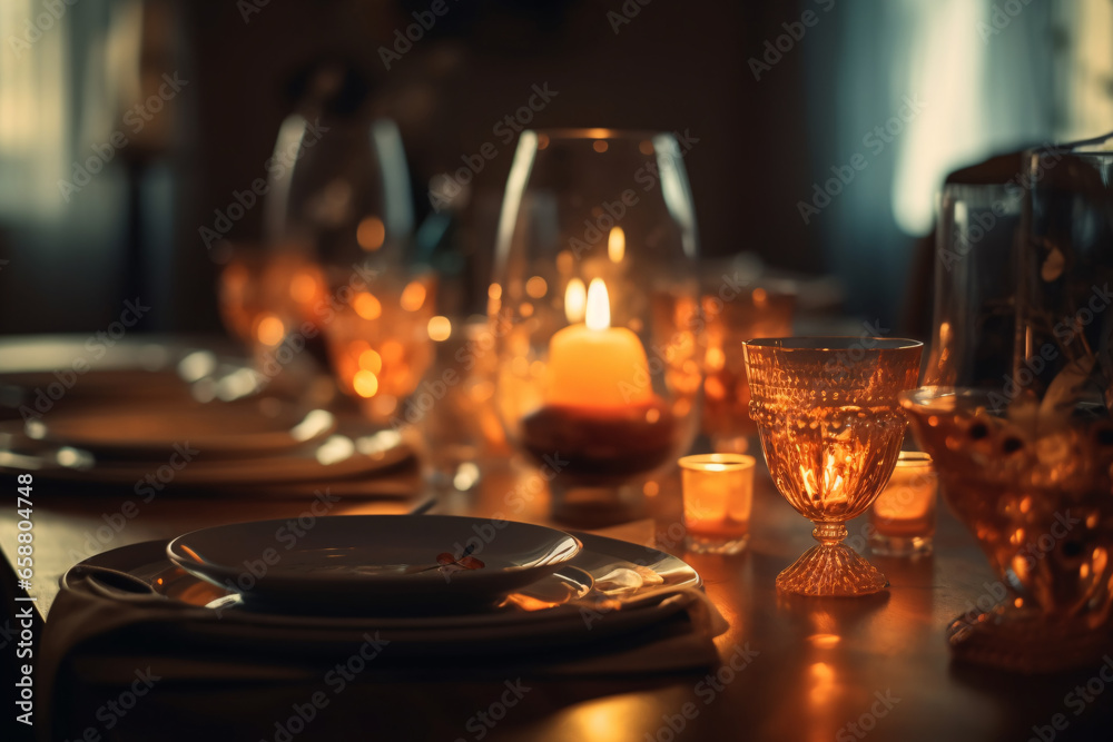 Elegant table setting with candles in restaurant. Selective focus. Romantic dinner setting with candles on table in restaurant.
Elegant table setting with candles in restaurant. Selective focus. Romantic dinner setting with candles on table in restaurant.