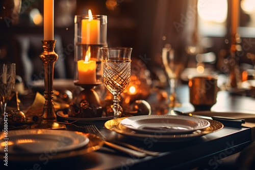 Elegant table setting with candles in restaurant. Selective focus. Romantic dinner setting with candles on table in restaurant. 