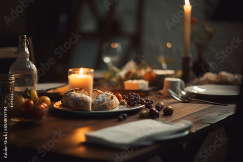 Elegant table setting with candles in restaurant. Selective focus. Romantic dinner setting with candles on table in restaurant. 