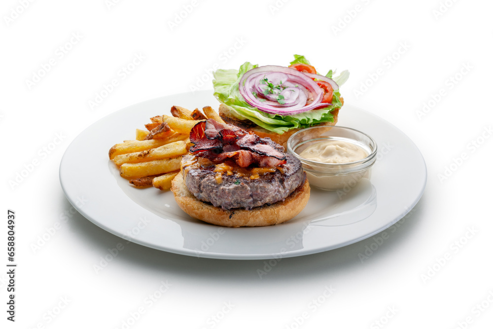 Burger with bacon, vegetables, cheese, dressing with fries Burger with bacon, vegetables, cheese, dressing with fries