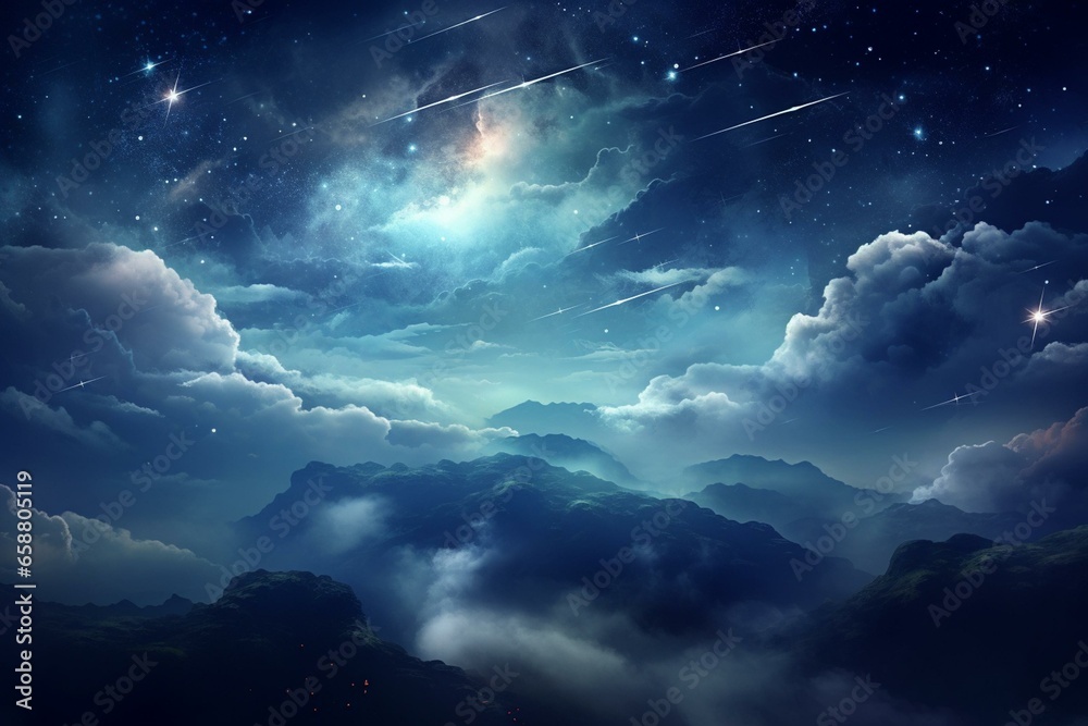A breathtaking sky full of ethereal stars amidst rainy, misty clouds. Generative AI