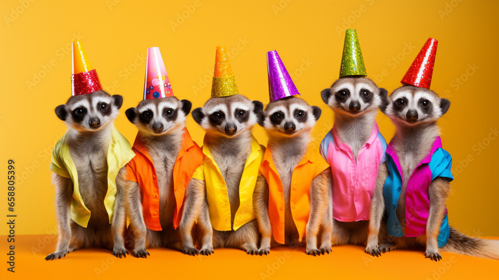 few dogs in the birthday party on yellow background 