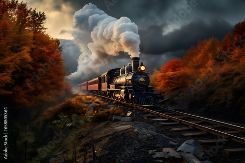  Retro train with smoke from chimney at track moves at foggy autumn landscape.
