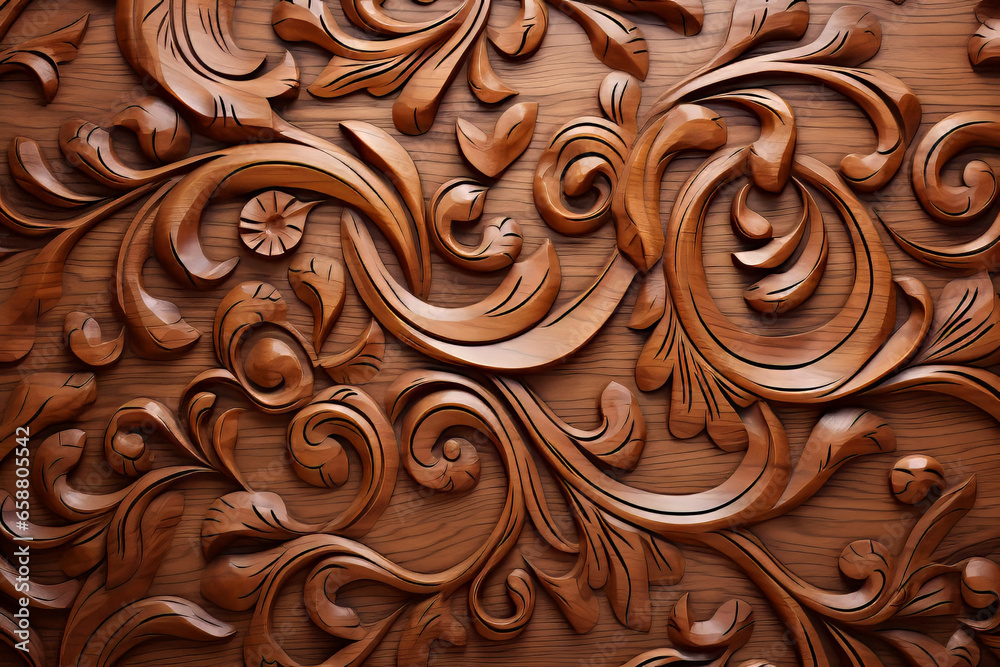 carved floral volute wooden wall texture - obrazy, fototapety, plakaty 